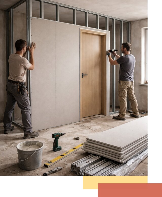 Перегородка из гипсокартона с дверью под ключ в Майкопе