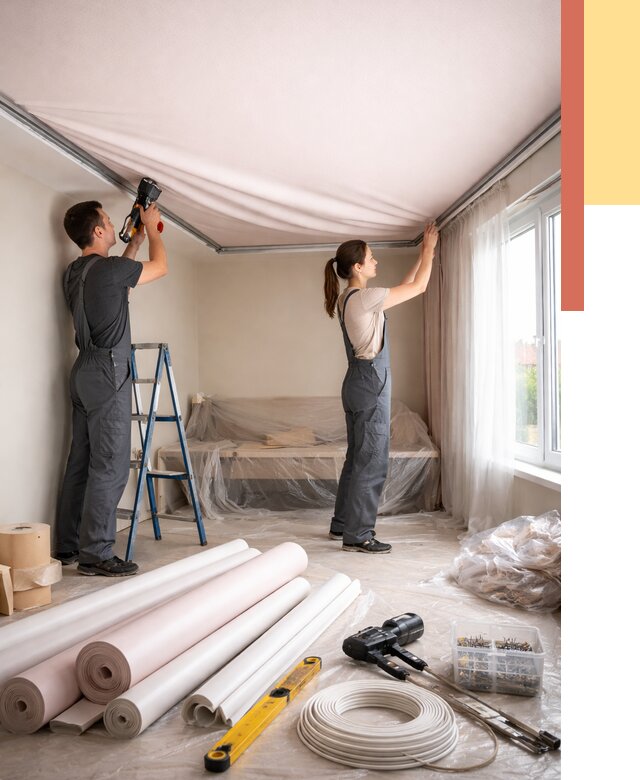 Монтаж цветного натяжного потолка в Майкопе от 4246 руб/м² — быстро и недорого | ОТДЕЛОЧНИК-Мкп