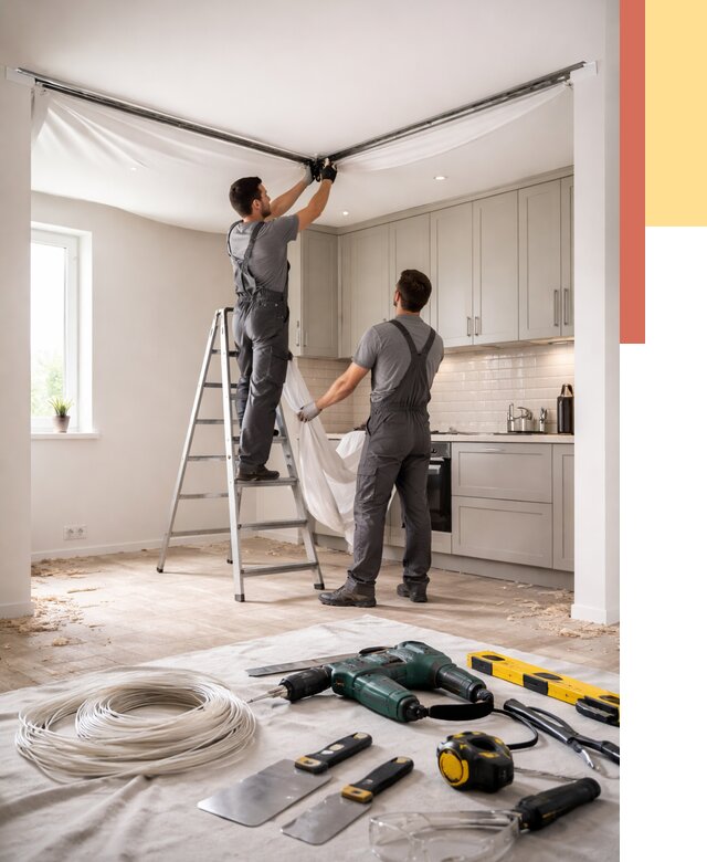 Установка натяжного потолка на кухне в Майкопе от 2426 руб. | ОТДЕЛОЧНИК-Мкп